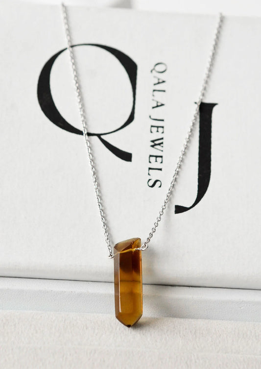 Natural Whiskey Quartz Crystal Point Necklace in Silver – Handmade Raw Gemstone Pendant
