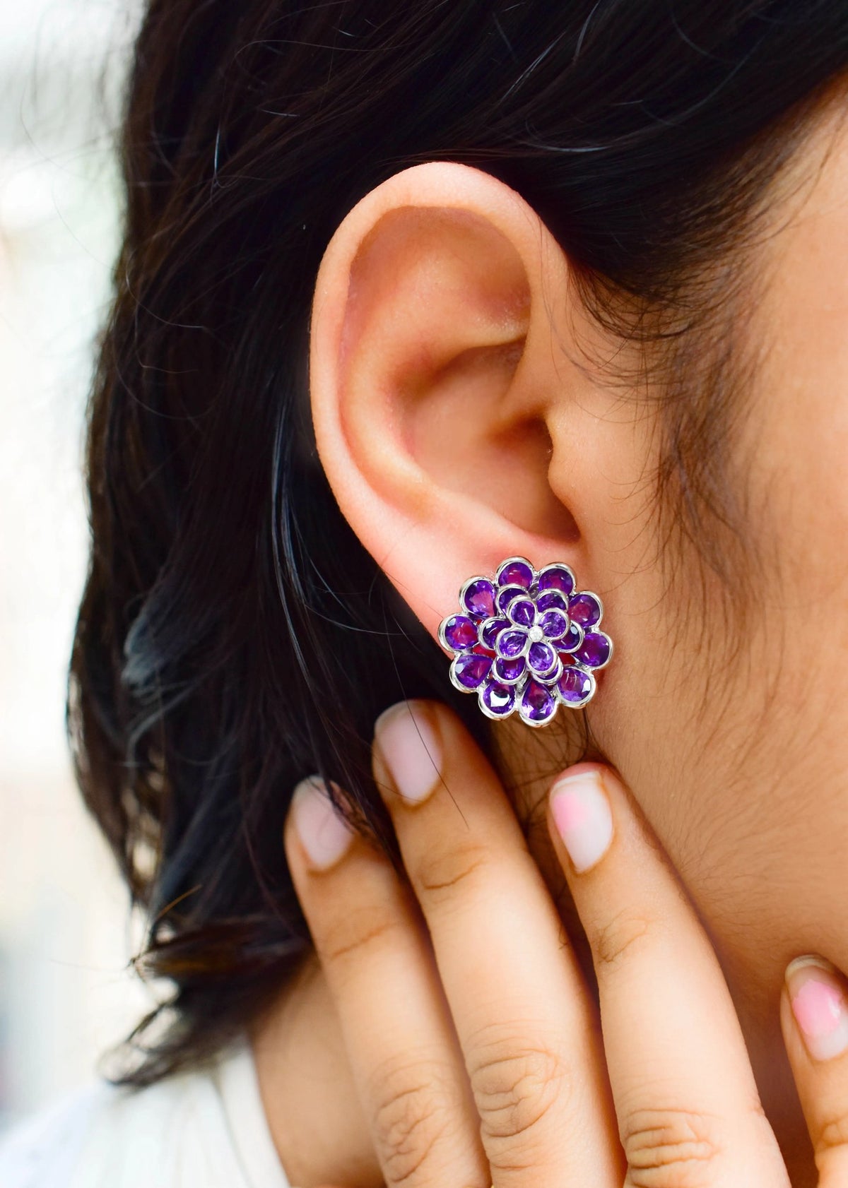 Amethyst Flower Cluster Stud Earrings in 925 Silver – Handmade Statement Jewelry