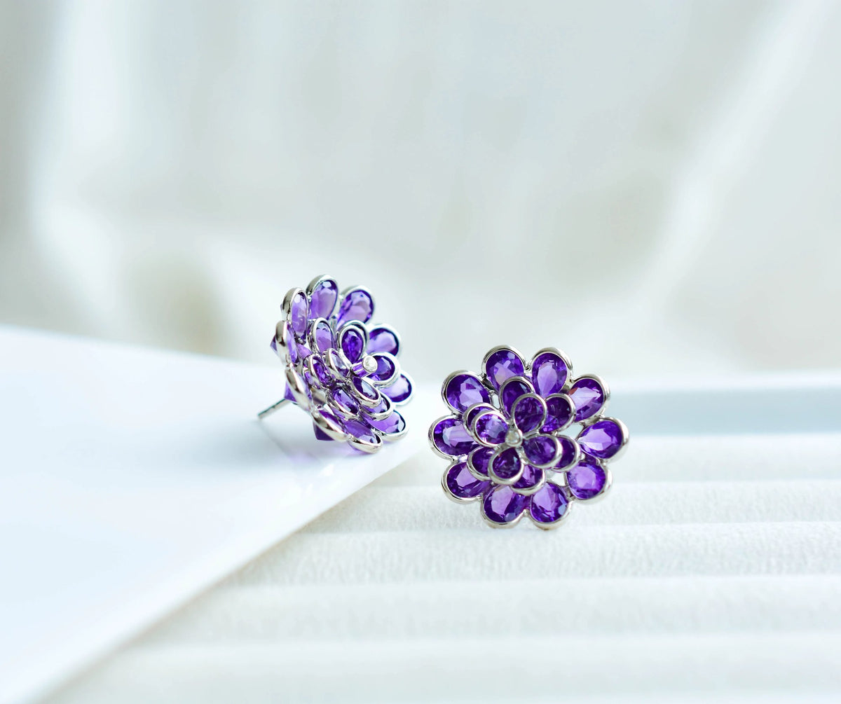 Amethyst Flower Cluster Stud Earrings in 925 Silver – Handmade Statement Jewelry
