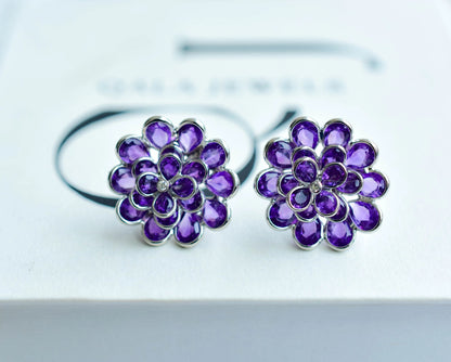 Amethyst Flower Cluster Stud Earrings in 925 Silver – Handmade Statement Jewelry