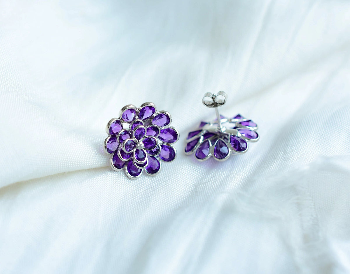 Amethyst Flower Cluster Stud Earrings in 925 Silver – Handmade Statement Jewelry