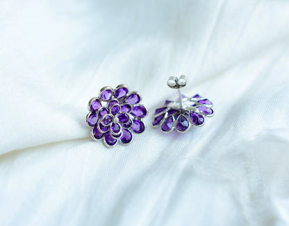 Amethyst Flower Cluster Stud Earrings in 925 Silver – Handmade Statement Jewelry