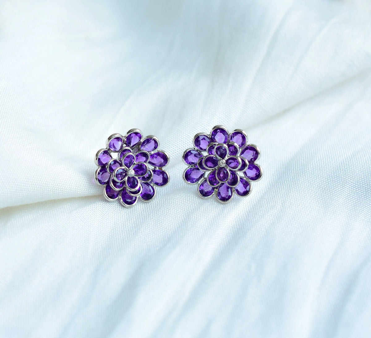 Amethyst Flower Cluster Stud Earrings in 925 Silver – Handmade Statement Jewelry