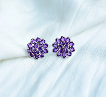 Amethyst Flower Cluster Stud Earrings in 925 Silver – Handmade Statement Jewelry