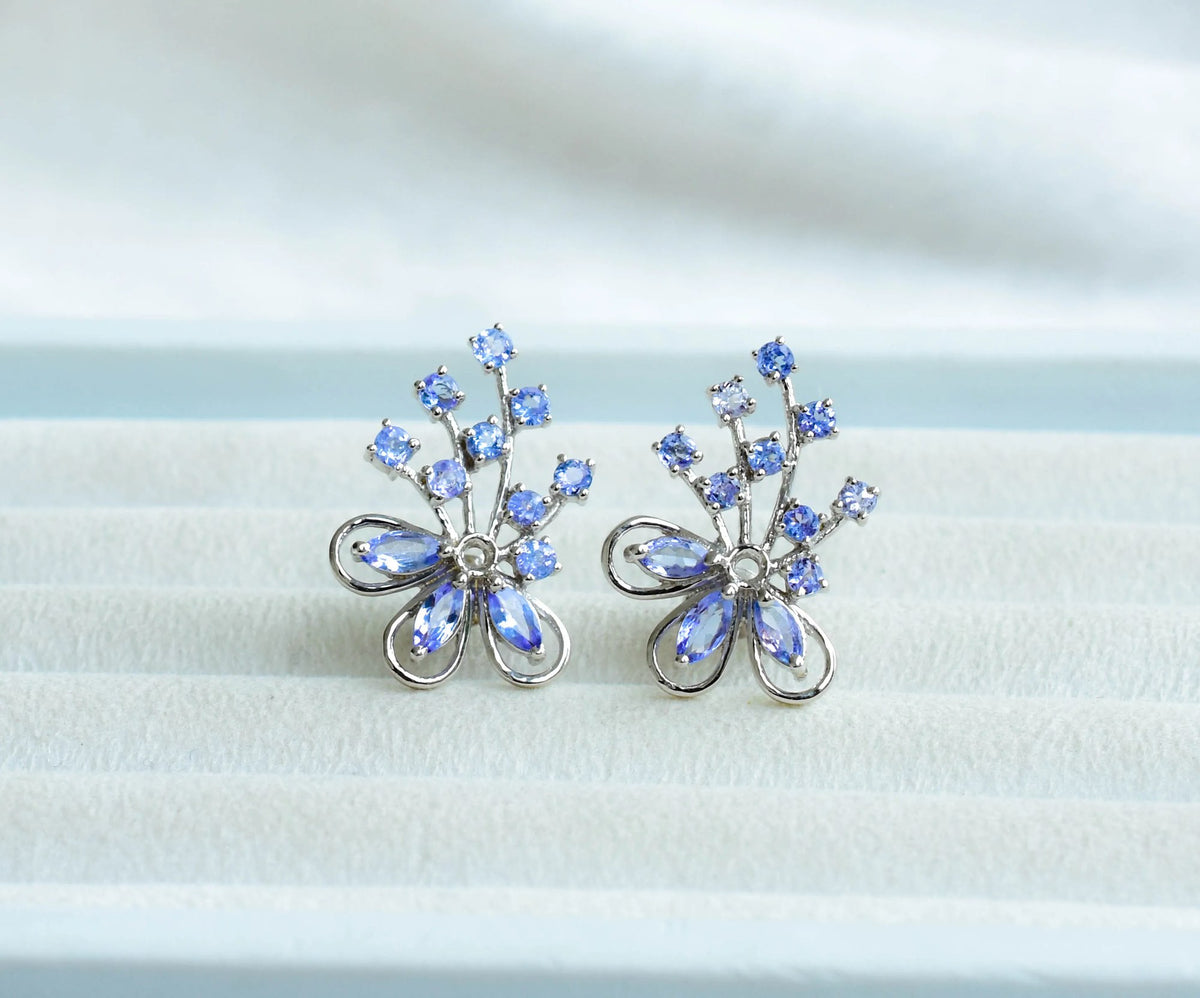 Tanzanite Cluster Stud Earrings in 925 Silver – Elaborate Statement Gemstone Jewelry
