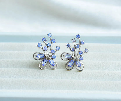 Tanzanite Cluster Stud Earrings in 925 Silver – Elaborate Statement Gemstone Jewelry