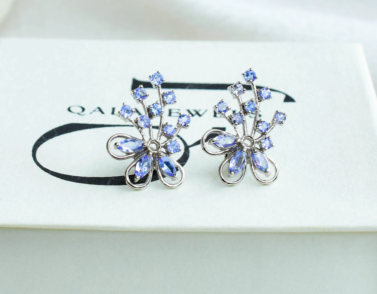 Tanzanite Cluster Stud Earrings in 925 Silver – Elaborate Statement Gemstone Jewelry