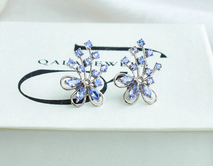 Tanzanite Cluster Stud Earrings in 925 Silver – Elaborate Statement Gemstone Jewelry
