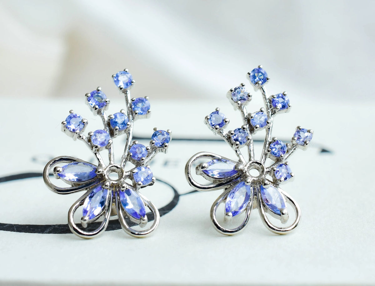 Tanzanite Cluster Stud Earrings in 925 Silver – Elaborate Statement Gemstone Jewelry
