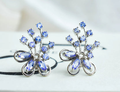 Tanzanite Cluster Stud Earrings in 925 Silver – Elaborate Statement Gemstone Jewelry