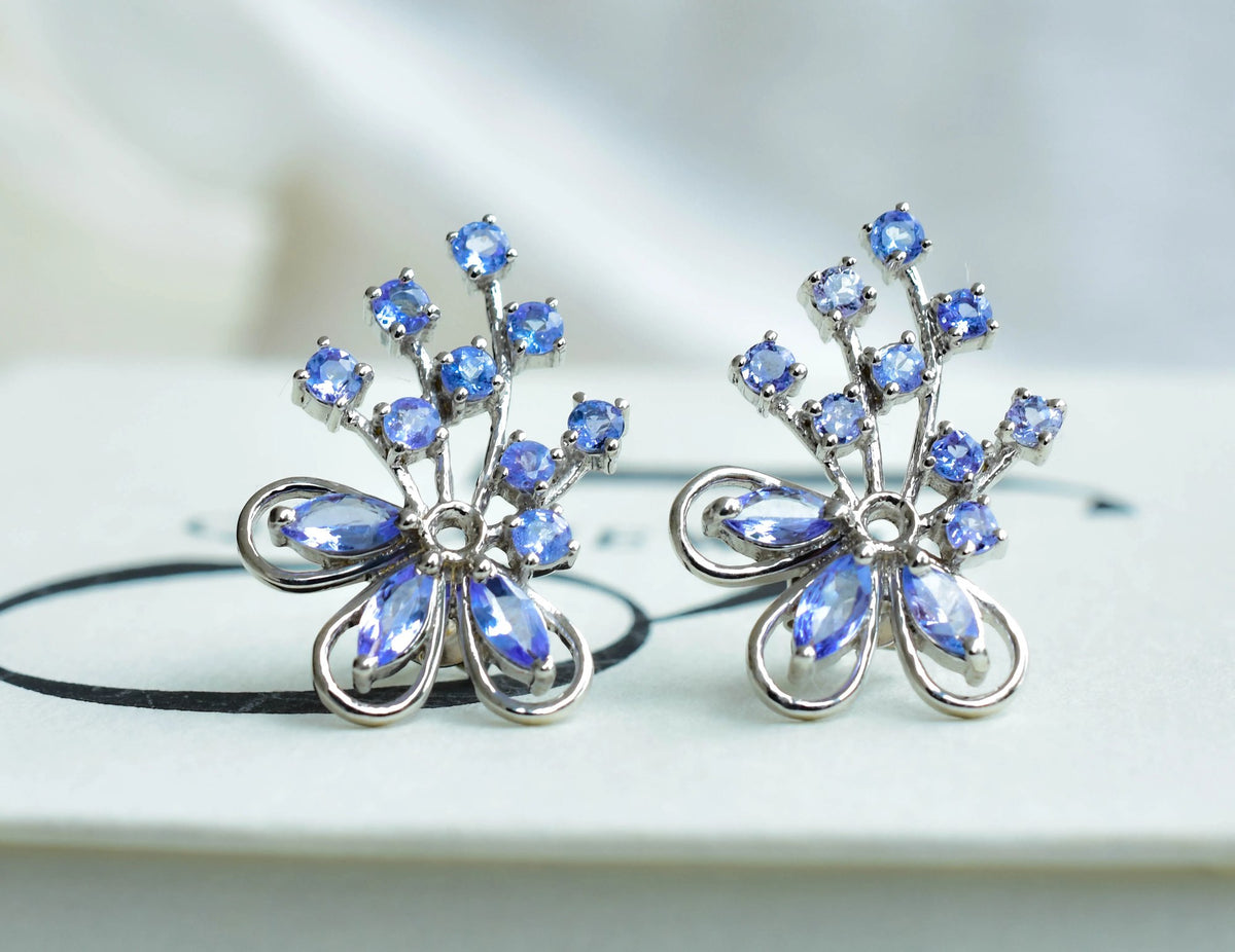 Tanzanite Cluster Stud Earrings in 925 Silver – Elaborate Statement Gemstone Jewelry