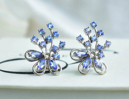 Tanzanite Cluster Stud Earrings in 925 Silver – Elaborate Statement Gemstone Jewelry