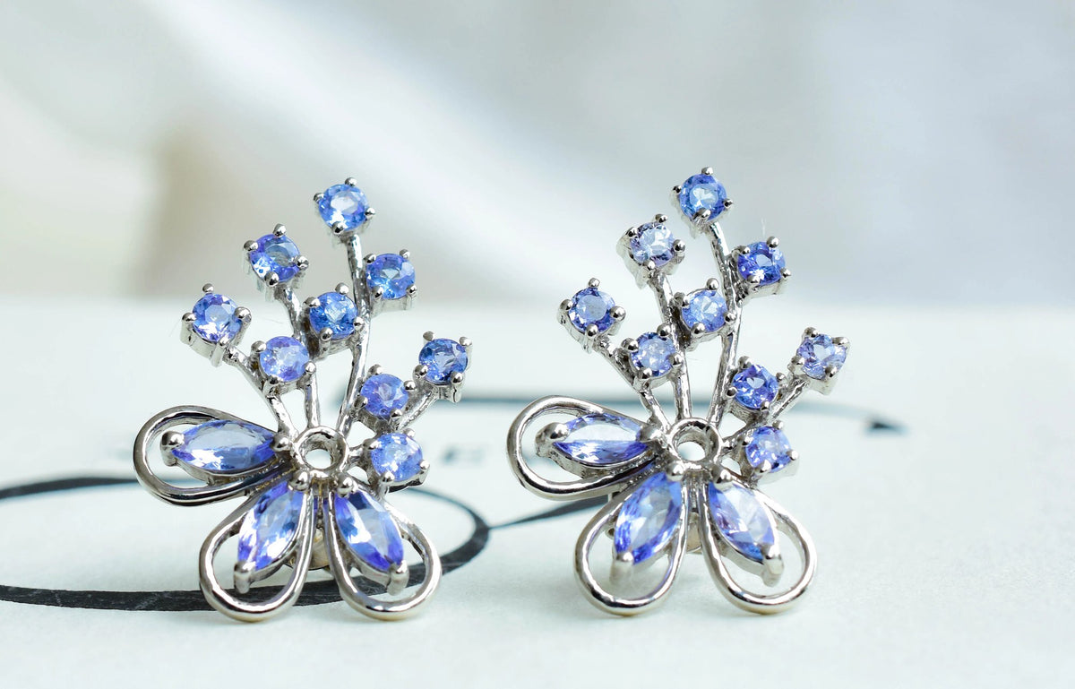 Tanzanite Cluster Stud Earrings in 925 Silver – Elaborate Statement Gemstone Jewelry