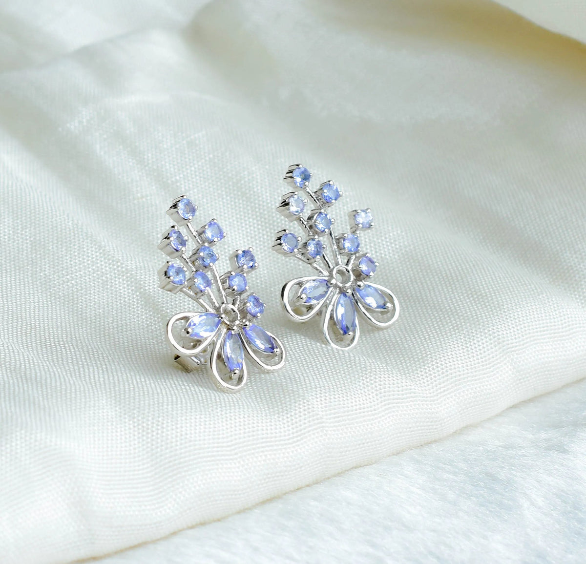 Tanzanite Cluster Stud Earrings in 925 Silver – Elaborate Statement Gemstone Jewelry