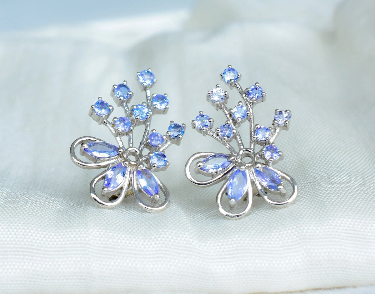Tanzanite Cluster Stud Earrings in 925 Silver – Elaborate Statement Gemstone Jewelry