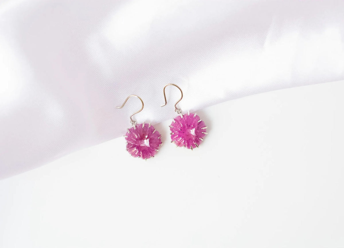 Carved Ruby Starburst Drop Earrings in 925 Silver – Handmade Statement Gemstone Jewelry