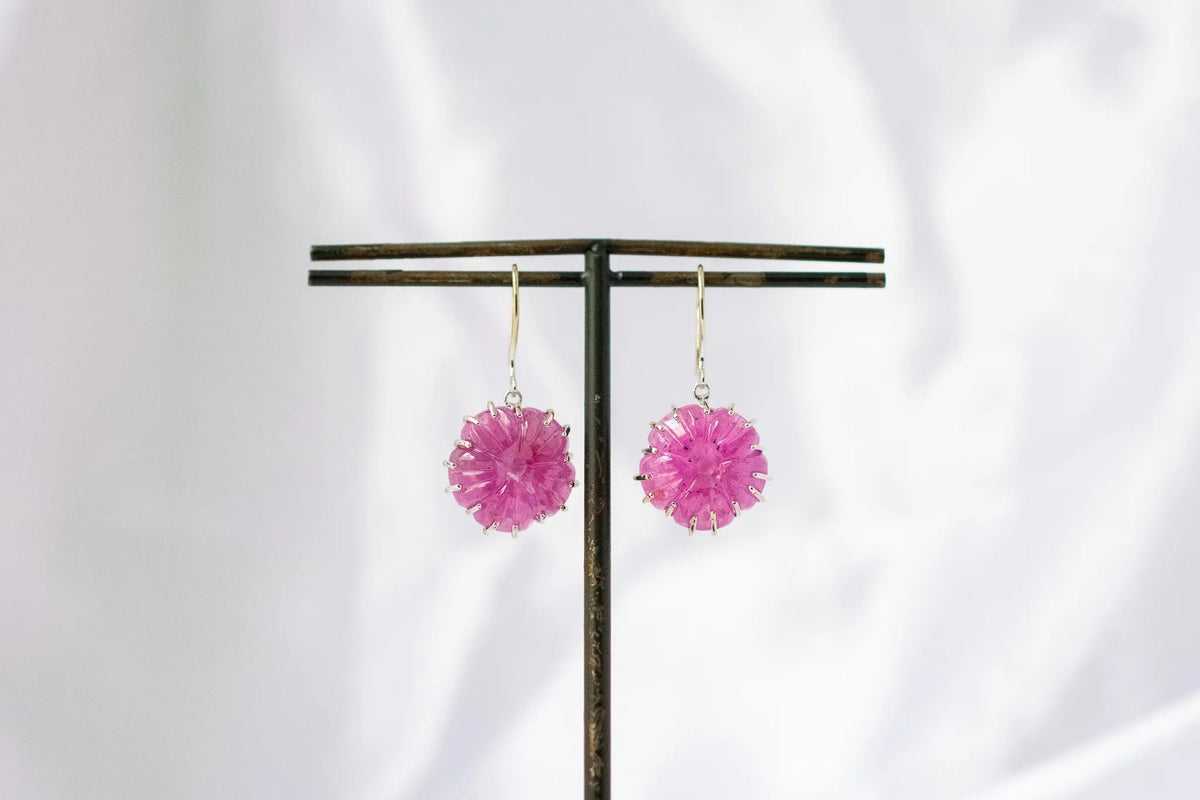 Carved Ruby Starburst Drop Earrings in 925 Silver – Handmade Statement Gemstone Jewelry