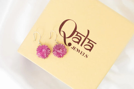 Carved Ruby Starburst Drop Earrings in 925 Silver – Handmade Statement Gemstone Jewelry
