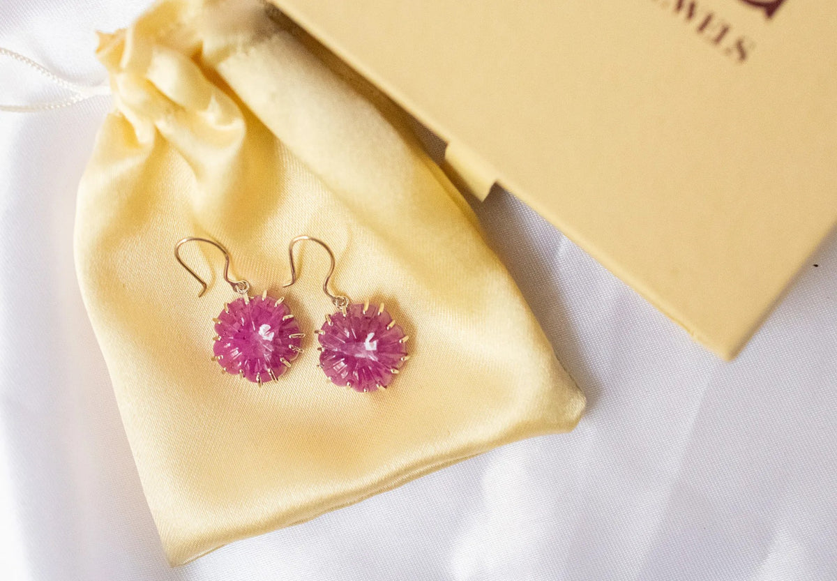 Carved Ruby Starburst Drop Earrings in 925 Silver – Handmade Statement Gemstone Jewelry