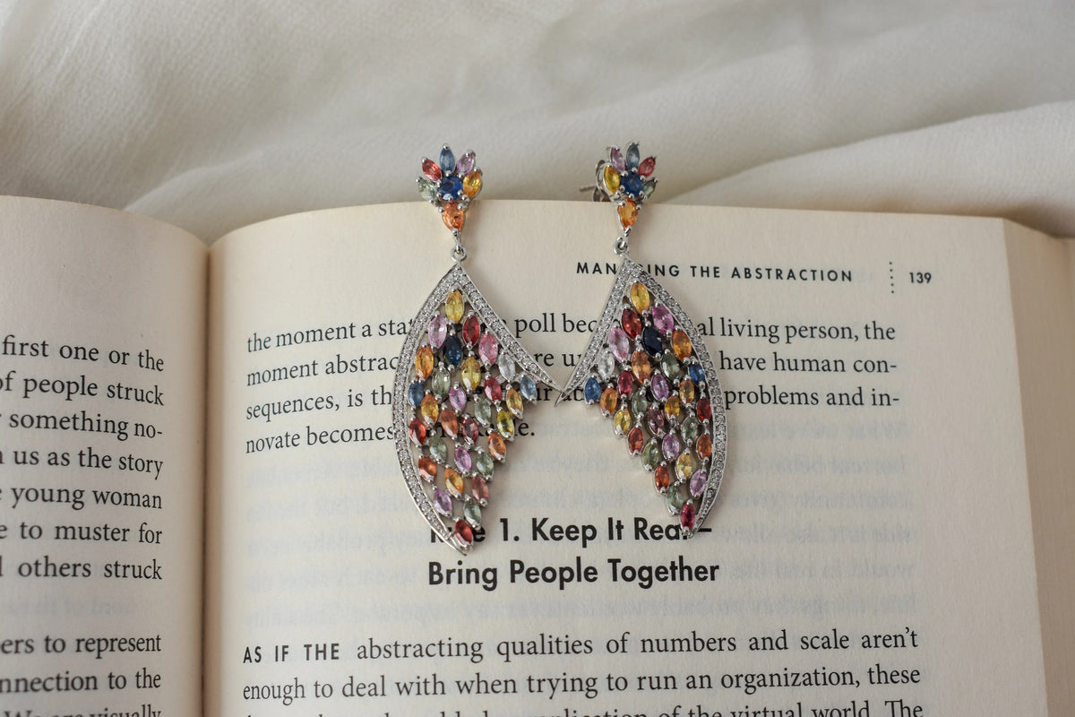 Multi Sapphire Wing Drop Earrings in 925 Silver – Designer Statement Fine Jewelry