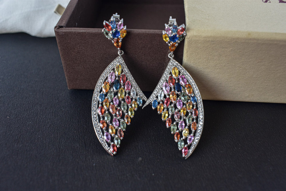 Multi Sapphire Wing Drop Earrings in 925 Silver – Designer Statement Fine Jewelry