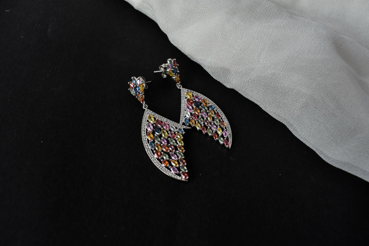 Multi Sapphire Wing Drop Earrings in 925 Silver – Designer Statement Fine Jewelry