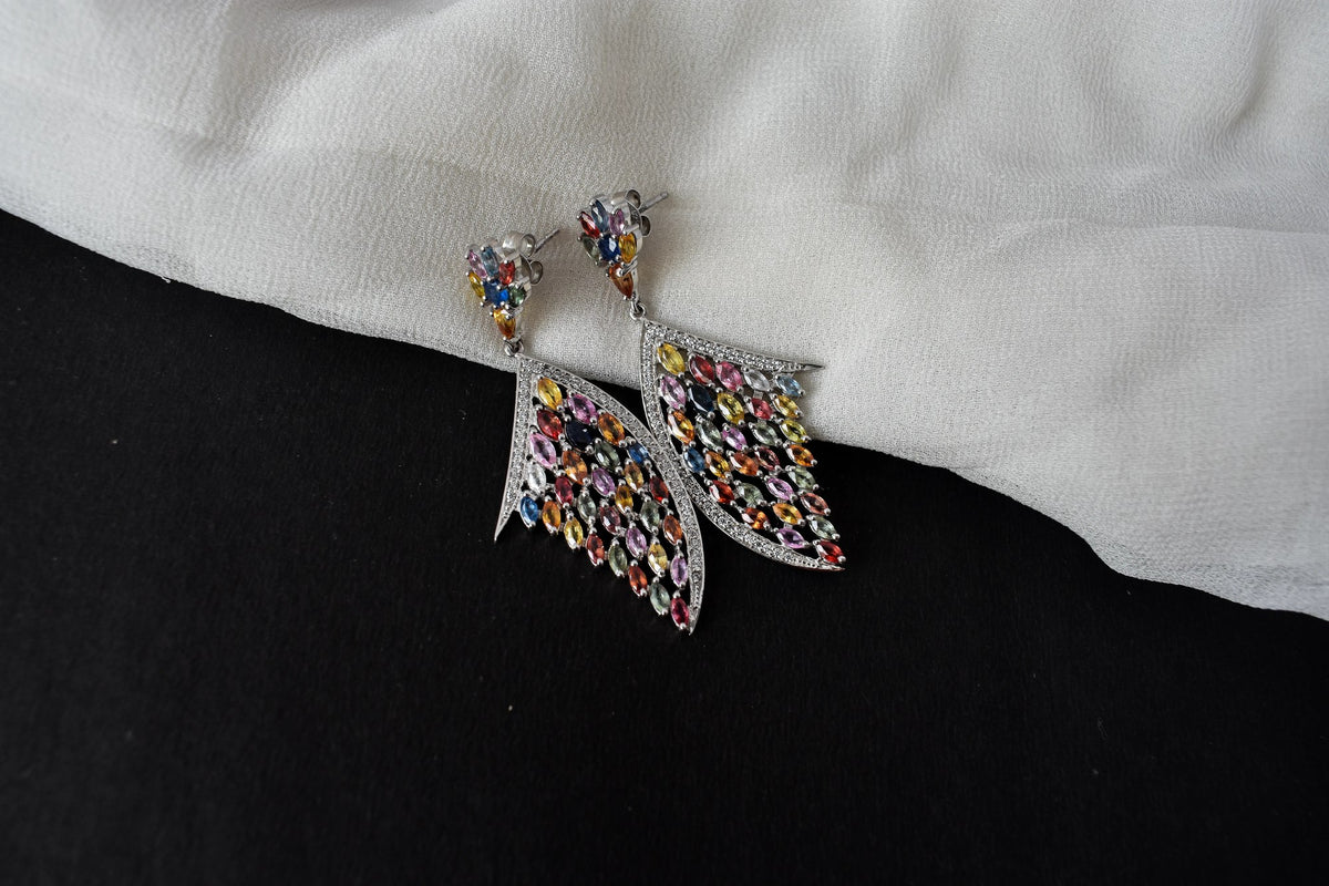 Multi Sapphire Wing Drop Earrings in 925 Silver – Designer Statement Fine Jewelry