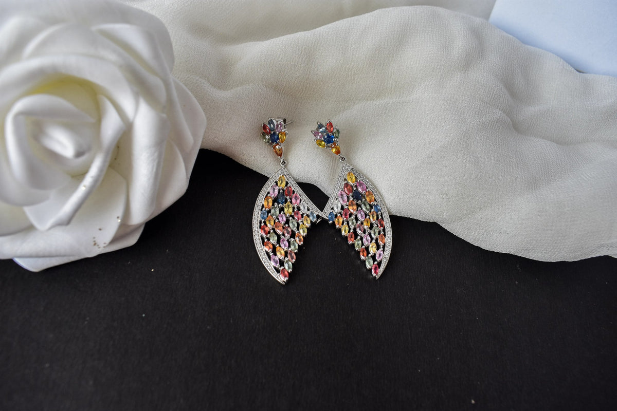 Multi Sapphire Wing Drop Earrings in 925 Silver – Designer Statement Fine Jewelry
