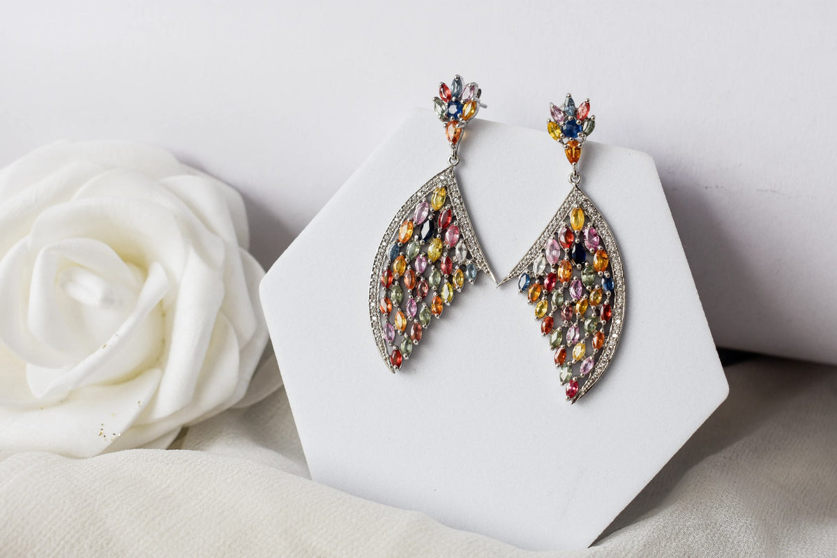 Multi Sapphire Wing Drop Earrings in 925 Silver – Designer Statement Fine Jewelry