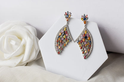 Multi Sapphire Wing Drop Earrings in 925 Silver – Designer Statement Fine Jewelry