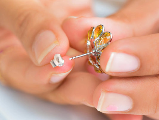 Layered Citrine Flower Stud Earrings in 925 Silver – Designer Statement Gemstone Jewelry