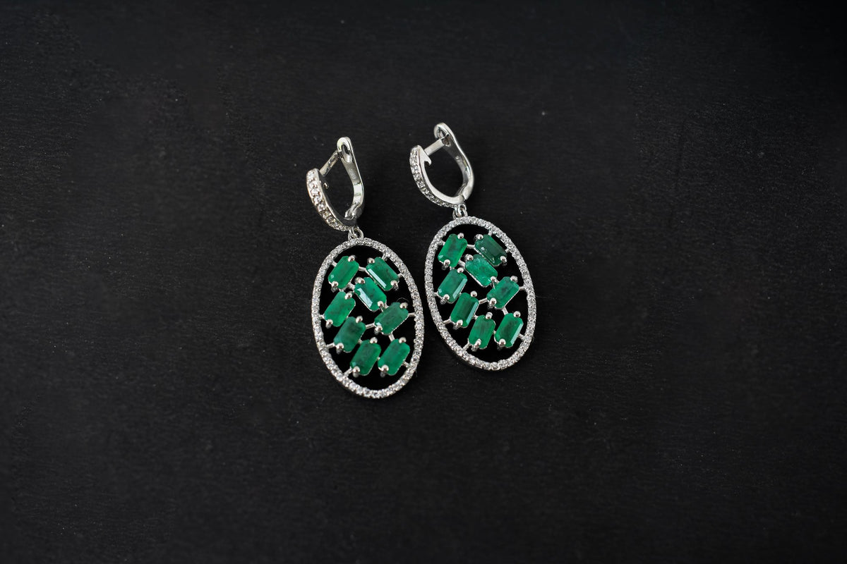 Emerald Halo Drop Earrings in 925 Silver – Designer Statement Gemstone Jewelry