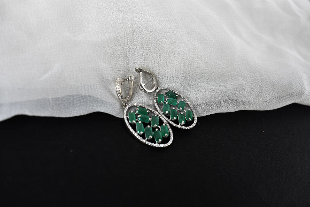 Emerald Halo Drop Earrings in 925 Silver – Designer Statement Gemstone Jewelry