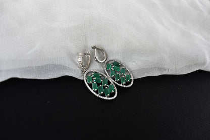 Emerald Halo Drop Earrings in 925 Silver – Designer Statement Gemstone Jewelry