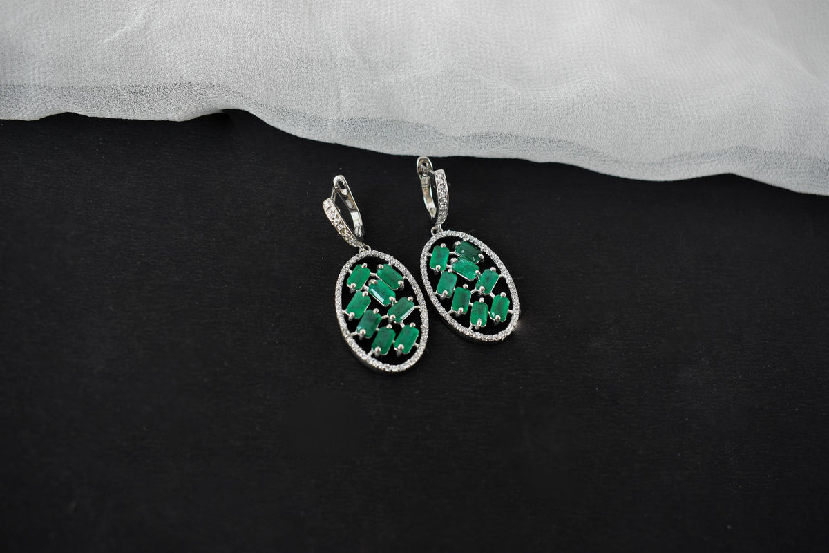 Emerald Halo Drop Earrings in 925 Silver – Designer Statement Gemstone Jewelry