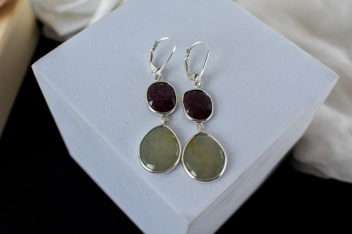 Two-Stone Sapphire Drop Earrings in 925 Silver – Designer Multi Gemstone Jewelry