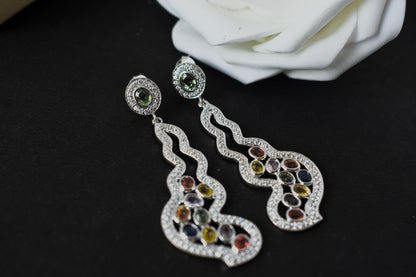 Multi Sapphire Scroll Drop Earrings in 925 Silver – Handmade Statement Jewelry