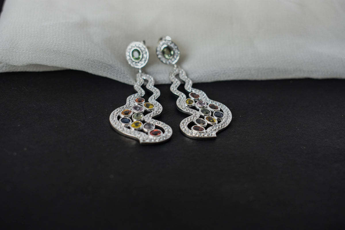 Multi Sapphire Scroll Drop Earrings in 925 Silver – Handmade Statement Jewelry