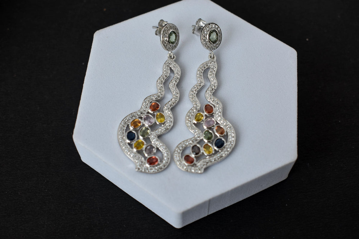 Multi Sapphire Scroll Drop Earrings in 925 Silver – Handmade Statement Jewelry