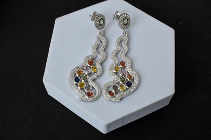Multi Sapphire Scroll Drop Earrings in 925 Silver – Handmade Statement Jewelry