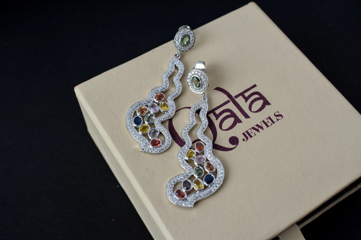 Multi Sapphire Scroll Drop Earrings in 925 Silver – Handmade Statement Jewelry