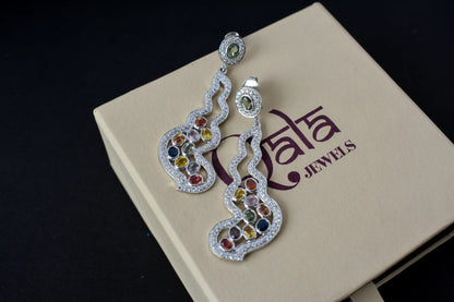 Multi Sapphire Scroll Drop Earrings in 925 Silver – Handmade Statement Jewelry