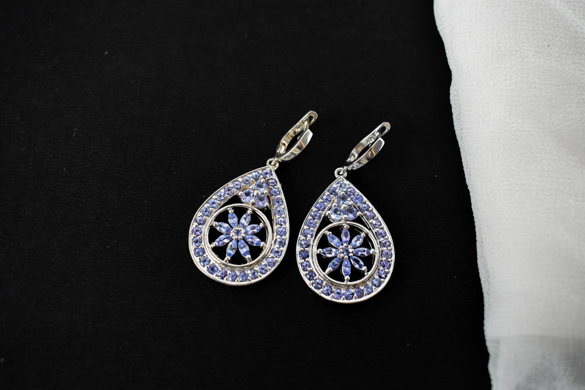 Tanzanite Cluster Pendant Drop Earrings in 925 Silver – Statement Gemstone Jewelry