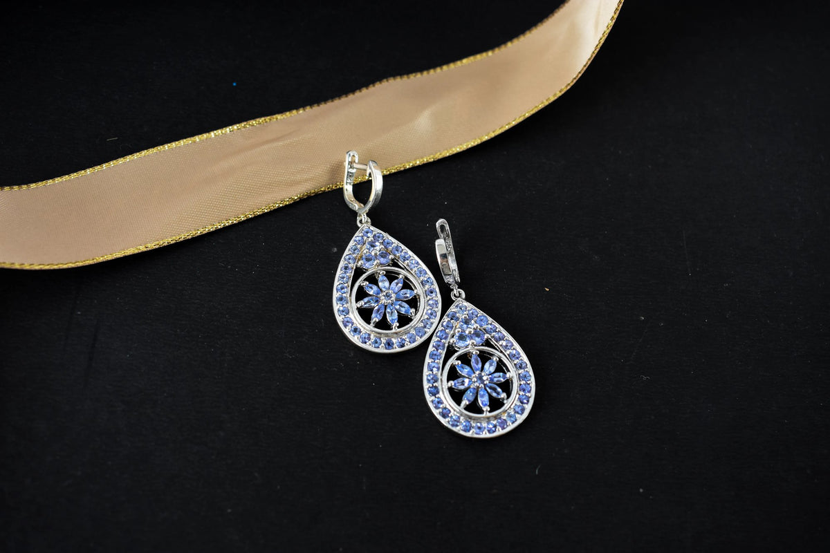 Tanzanite Cluster Pendant Drop Earrings in 925 Silver – Statement Gemstone Jewelry