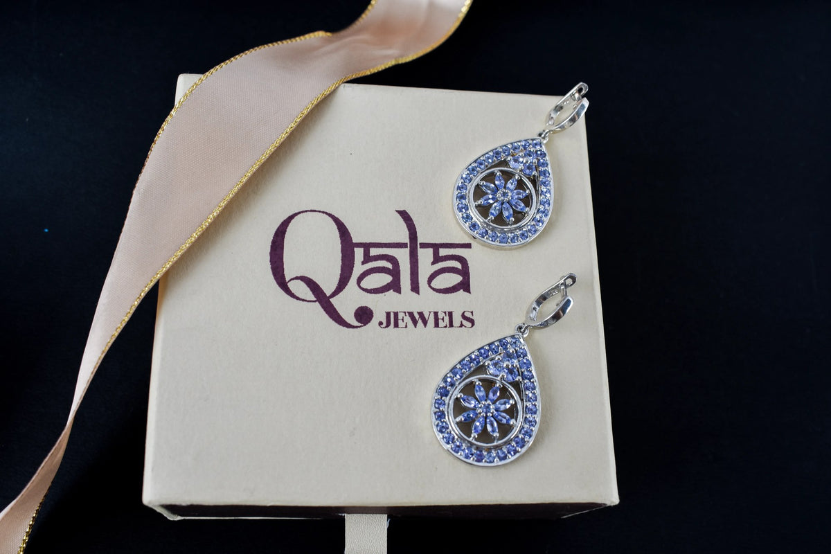 Tanzanite Cluster Pendant Drop Earrings in 925 Silver – Statement Gemstone Jewelry