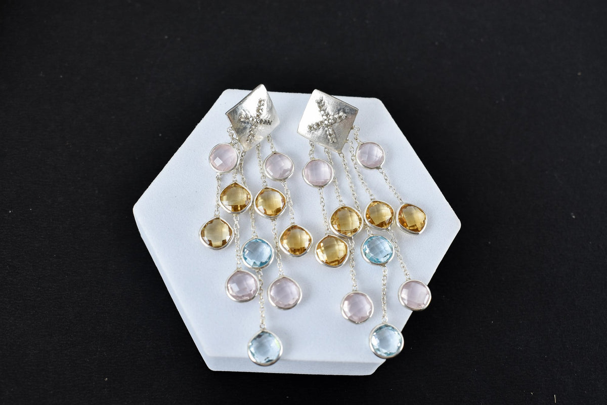 Multi Gemstone Tassel Drop Earrings in 925 Silver – Handmade Cascade Statement Jewelry