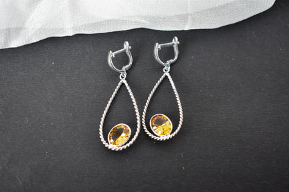925 Silver Citrine Teardrop Earrings – Handmade Twisted-Rope Gemstone Jewelry