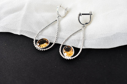 925 Silver Citrine Teardrop Earrings – Handmade Twisted-Rope Gemstone Jewelry