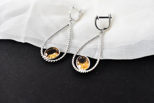 925 Silver Citrine Teardrop Earrings – Handmade Twisted-Rope Gemstone Jewelry
