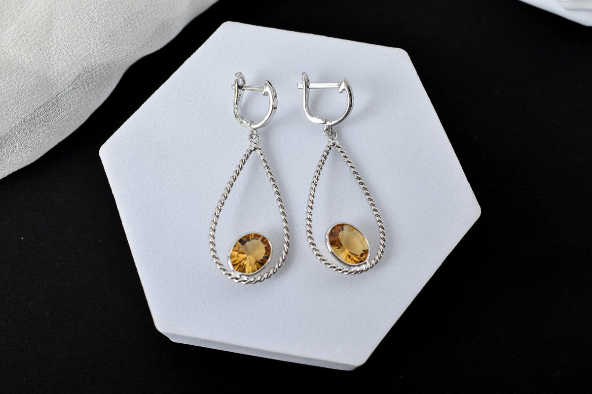 925 Silver Citrine Teardrop Earrings – Handmade Twisted-Rope Gemstone Jewelry